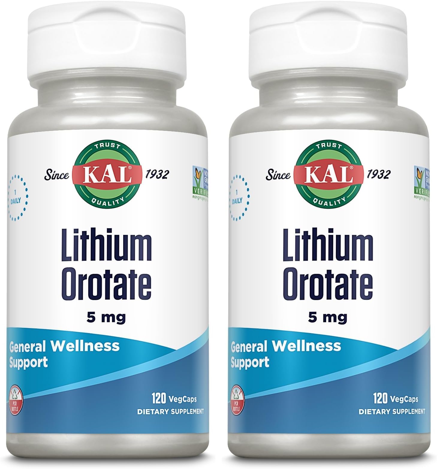KAL Lithium Orotate 5 milligrams | Low Serving of Chelated Lithium Orotate for Bioavailability and Mood Support | in Organic Rice Bran Extract Base | 120 VegCaps (Pack of 2) 120 Count (Pack of 2)