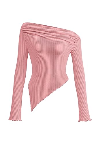 PRETTYGARDEN Women's Long Sleeve Y2K Crop Top Trendy Off Shoulder Asymmetrical Fitted Knit Tee Shirts Going Out Tops - Pink - Small