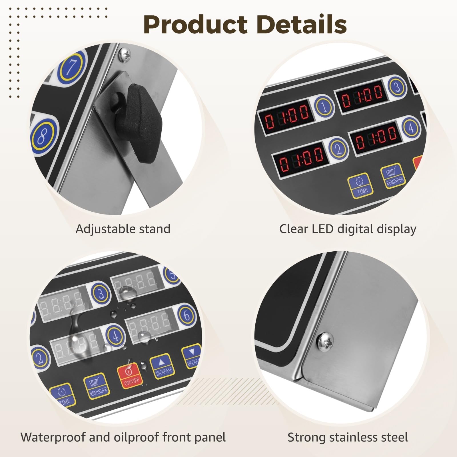 Temporizador digital de cocina de 8 canales, temporizador de cocina comercial de acero inoxidable con pantalla LED grande y alarma fuerte, cuenta regresiva precisa multitarea para restaurantes, 11.8 x
