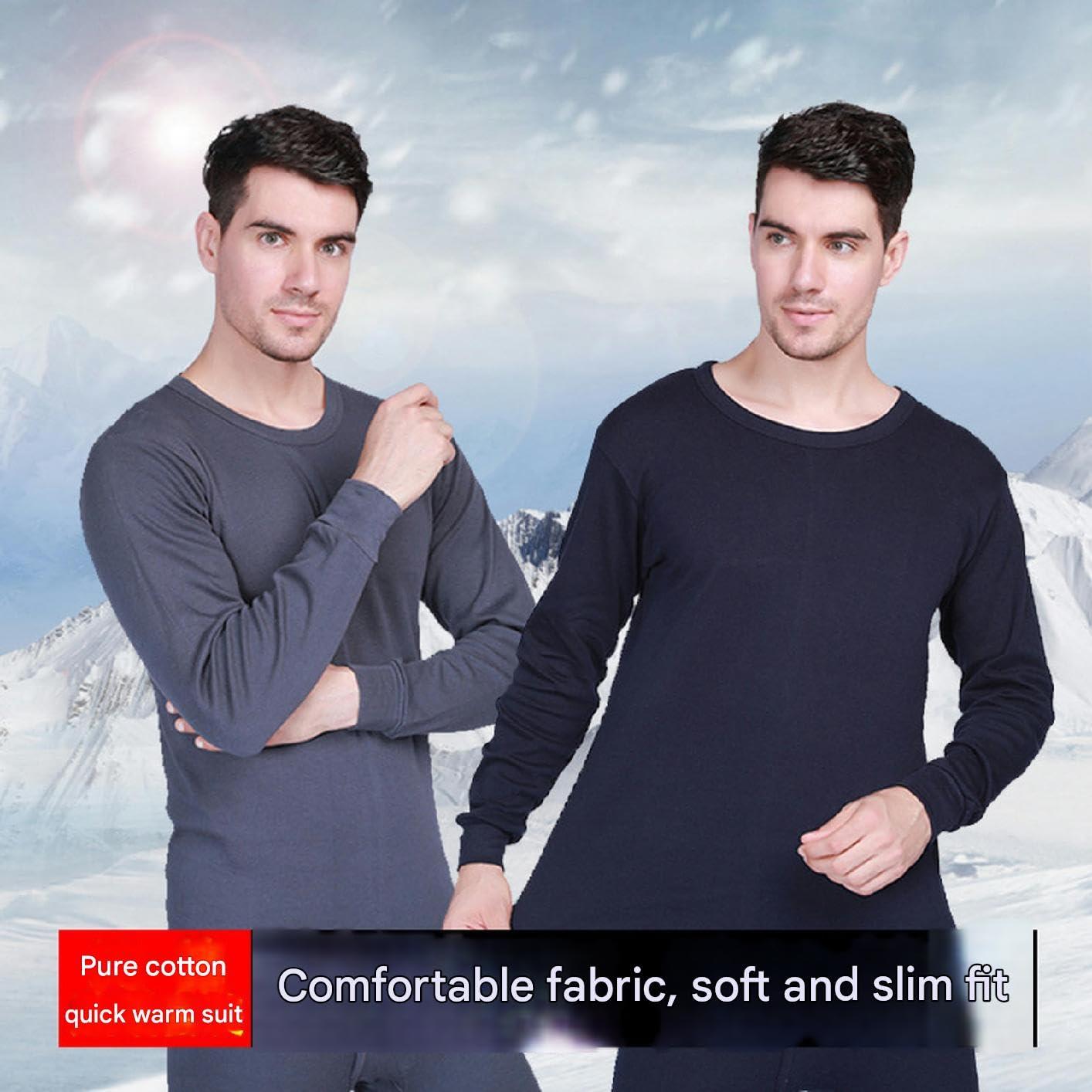 Ropa Termica Mujer Ropa Interior Térmica para Hombre, Conjunto Básico De Ropa Interior Térmica De Cuello Redondo De Algodón para Otoño E Invierno-Azul-l