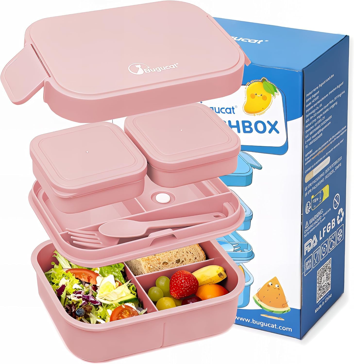 Bugucat Lunch Box 1300ML, Kids Lunchbox with Compartments and Cutlery,Leak-Proof Snack Boxes for Adult, Bento Boxes for School Kindergarten Office, Microwave Dishwasher Safe,Pink