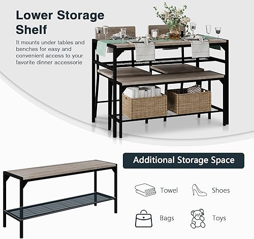 Miniatura 4 de SUNLEI Mesa de comedor para 4 personas con 2 sillas y un banco de almacenamiento, juego de mesa de cocina pequeño con estante para vino, escritorio
