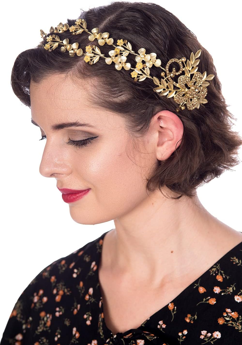 Lost Queen Women's Lustrous Lily Gold Flower Bejeweled 1920's Hair Ornament Tiara Crown Alternative
