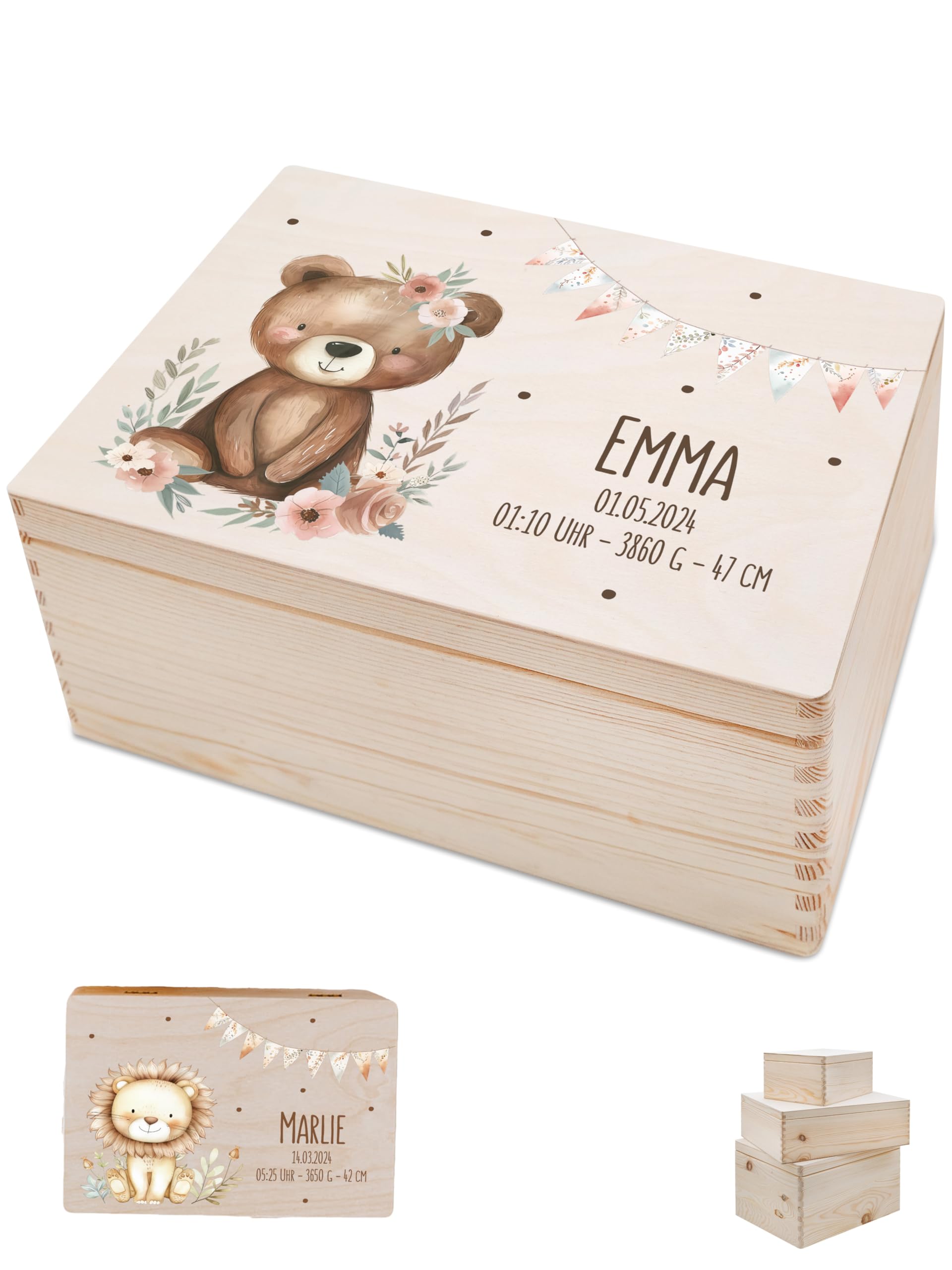 Bärenfreunde - Personalisierte Erinnerungsbox Baby mit Spezial-Druck - Individuelle Baby Erinnerungsbox - Erinnerungskiste aus Holz - Geschenk zur Geburt (M | Stülpdeckel,Bär Blumen Girlande)
