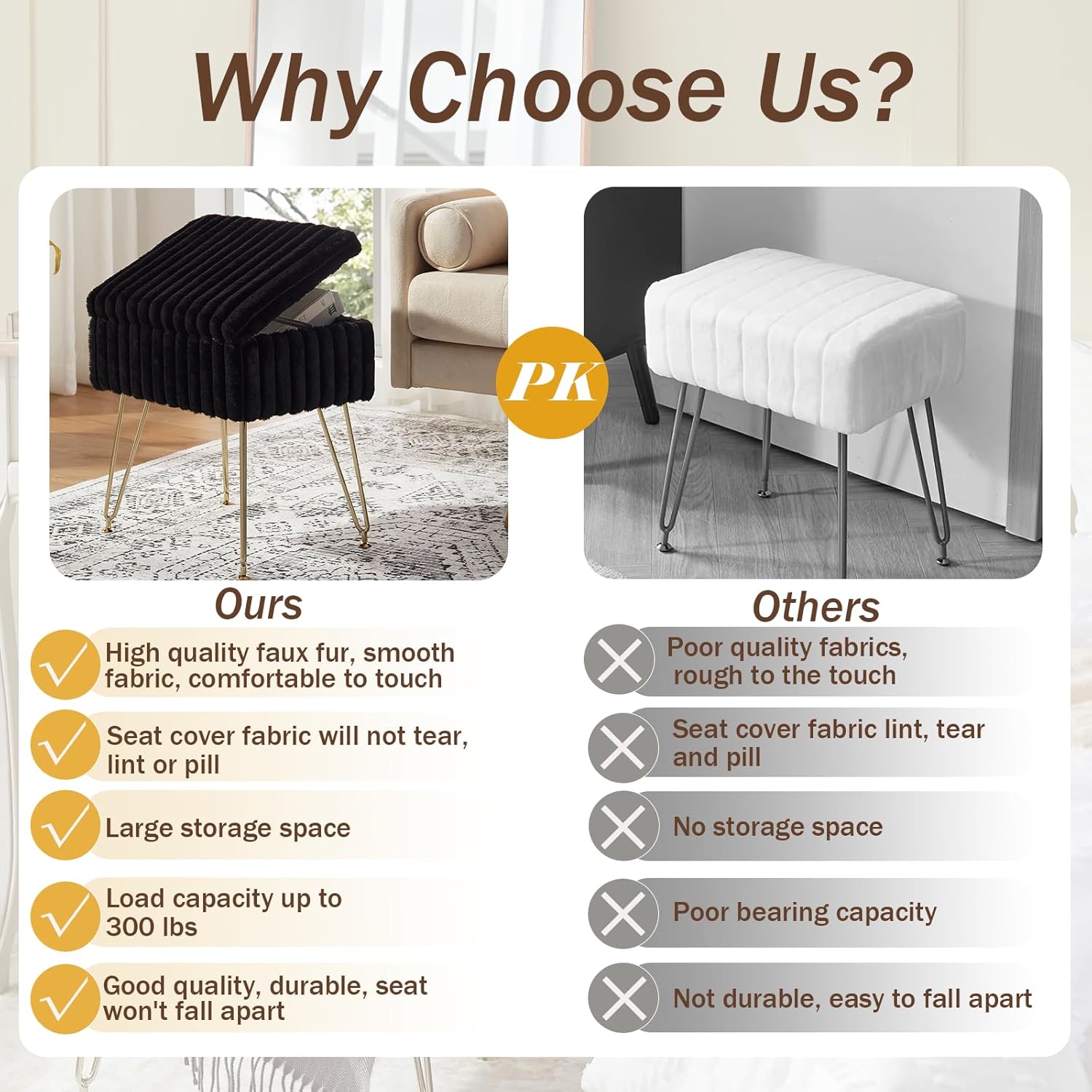 Vanity Stool Chair with Storage, Faux Fur Stools for Vanity Makeup, Foot Stool Ottoman with 4 Metal Legs, Small Vanity Bench Seat Chairs for Living Room Bedroom