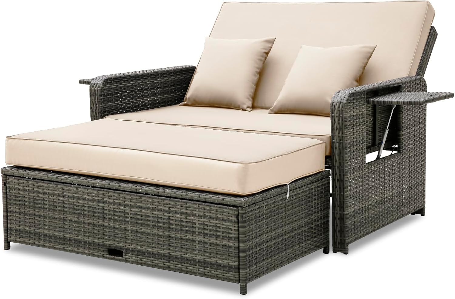 Tangkula Patio Rattan Daybed Set, Wicker Loveseat Sofa w/Multipurpose Ottoman & Retractable Side Tray, 4-Level Adjustable Backrest, Footstool w/Storage, Seat & Back Cushion Included