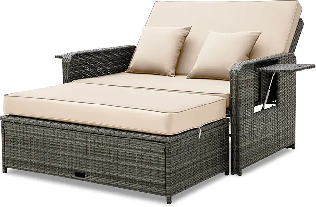 Costway 4-Level Adjustable Wicker Daybed with Storage Ottoman & Cushions, Beige/Grey
