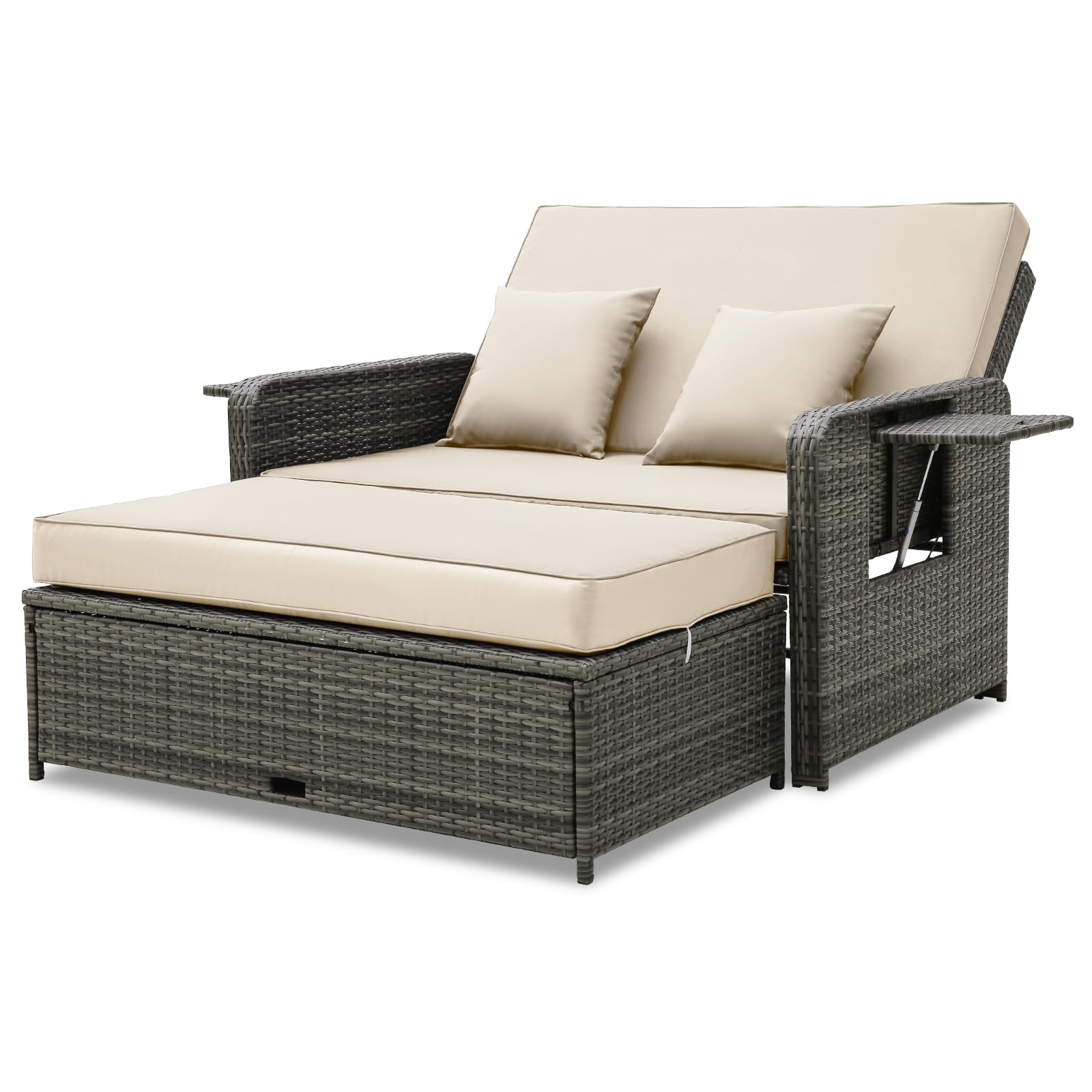 Patio Rattan Daybed Set, Wicker Loveseat Sofa w/Multipurpose Ottoman & Retractable Side Tray, 4-Level Adjustable Backrest, Footstool(See Description)