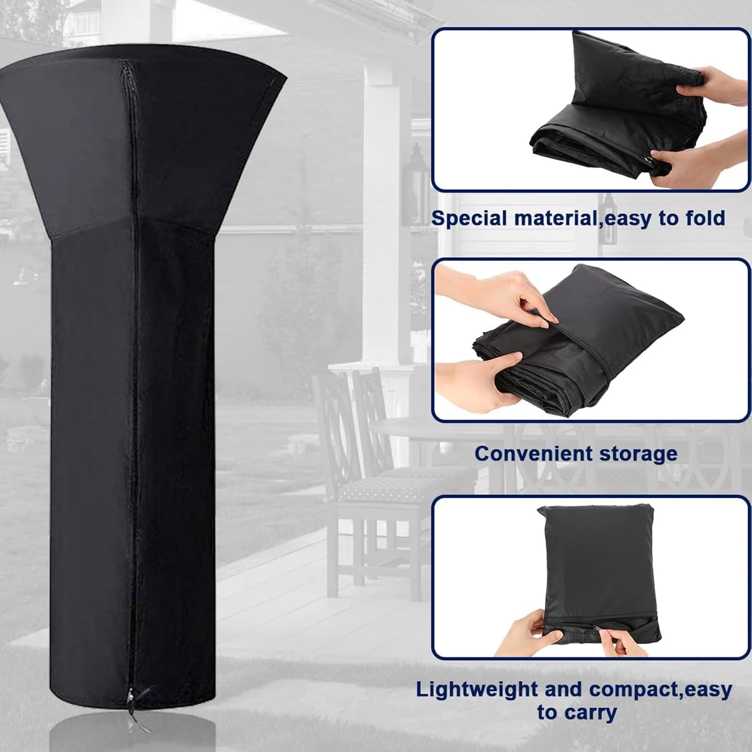 Patio Heater Covers with Zipper Storage Bag, Black Outdoor Heater Cover Waterproof Snowproof Dust and UV Resistant Large Heater Covers for Standing Heater (90IN Height)