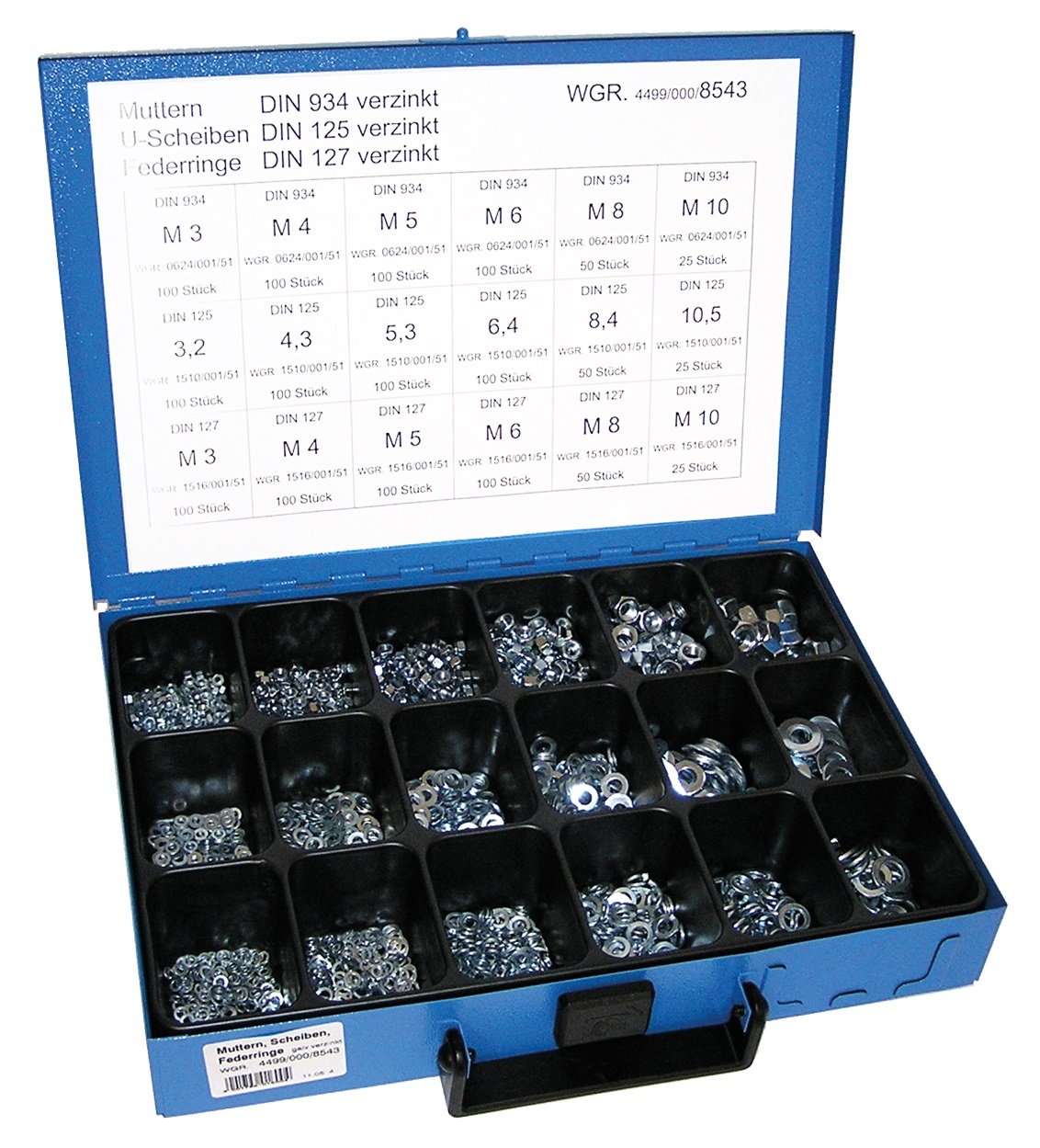 Dresselhaus Schraubensortiment Muttern, Scheiben & Federringe galvanisch verzinkt – 1425 Teile im 18-Fächer Blechkasten