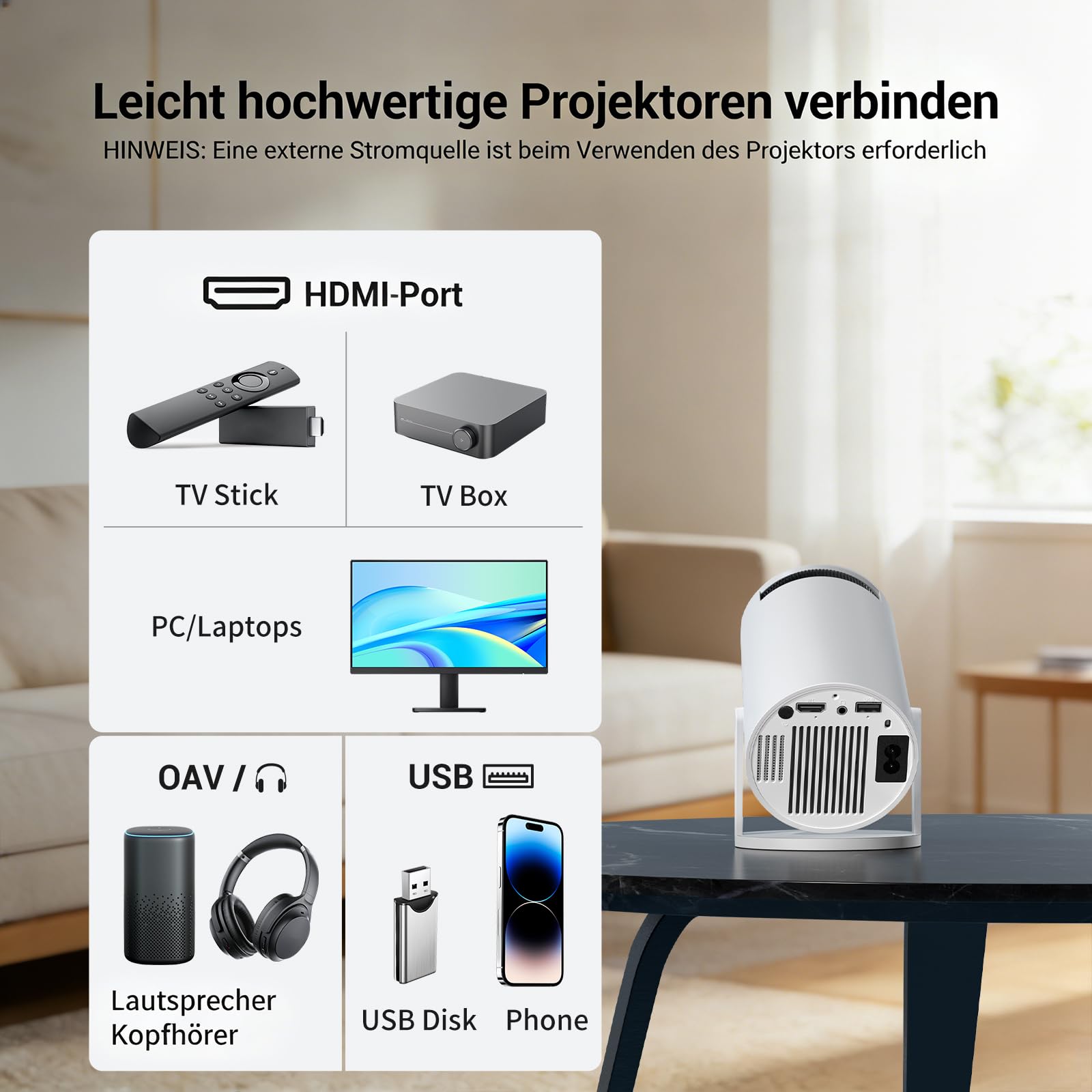 Mini Beamer 4K 1080P Smart Projektor mit WiFi 6 Bluetooth 5.4 Auto Trapezkorrektur 180° Dreh Heimkino Outdoor Kompatibel HDMI TV Stick Laptop