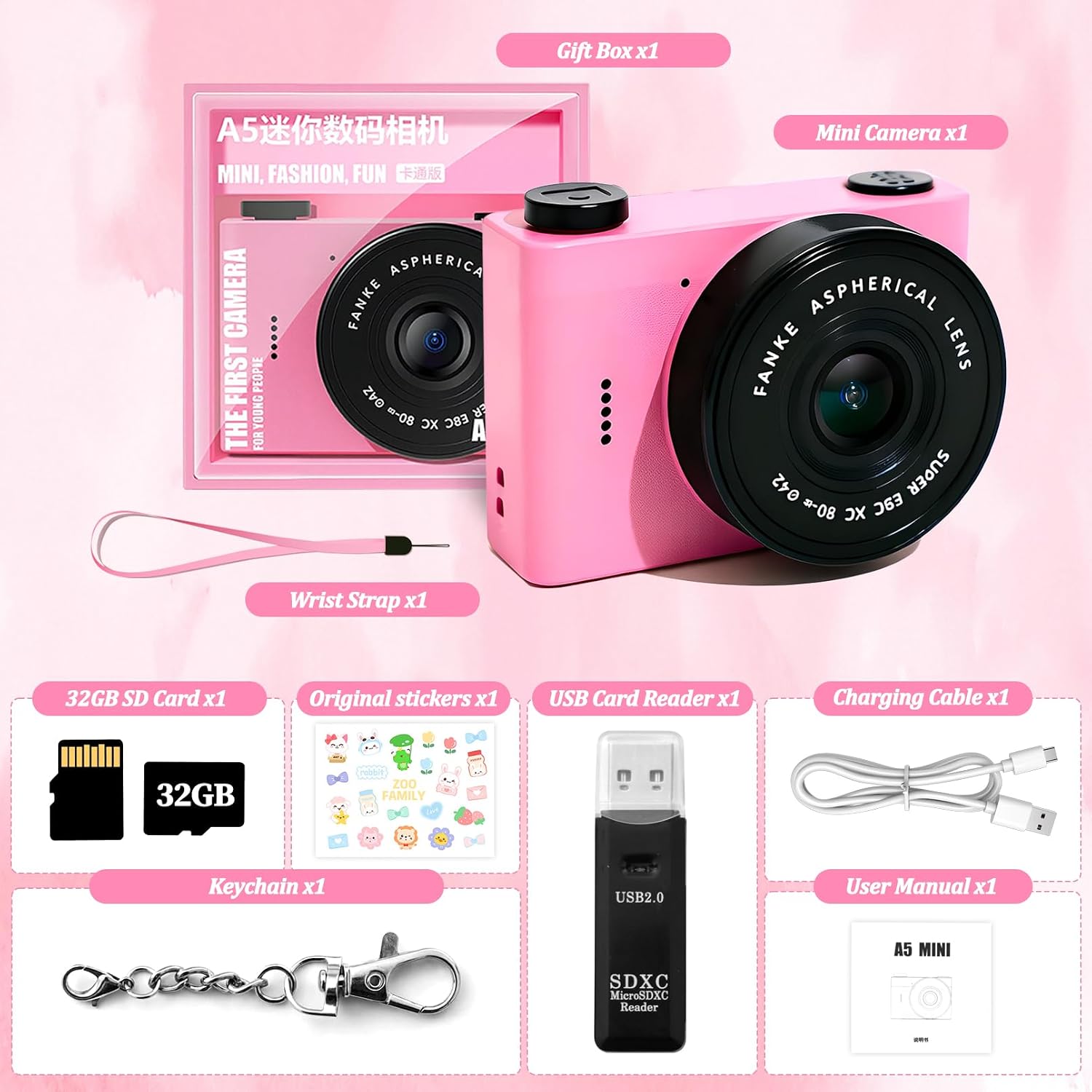 Mini Digital Camera with 0.96 in LCD Screen，1080P 178° Wide Angle Retro Digital Camera with 32GB SD Card USB Card Reader Stickers Dual Cameras Built-in Filters for Travel Study Daily Vlogging（Pink）