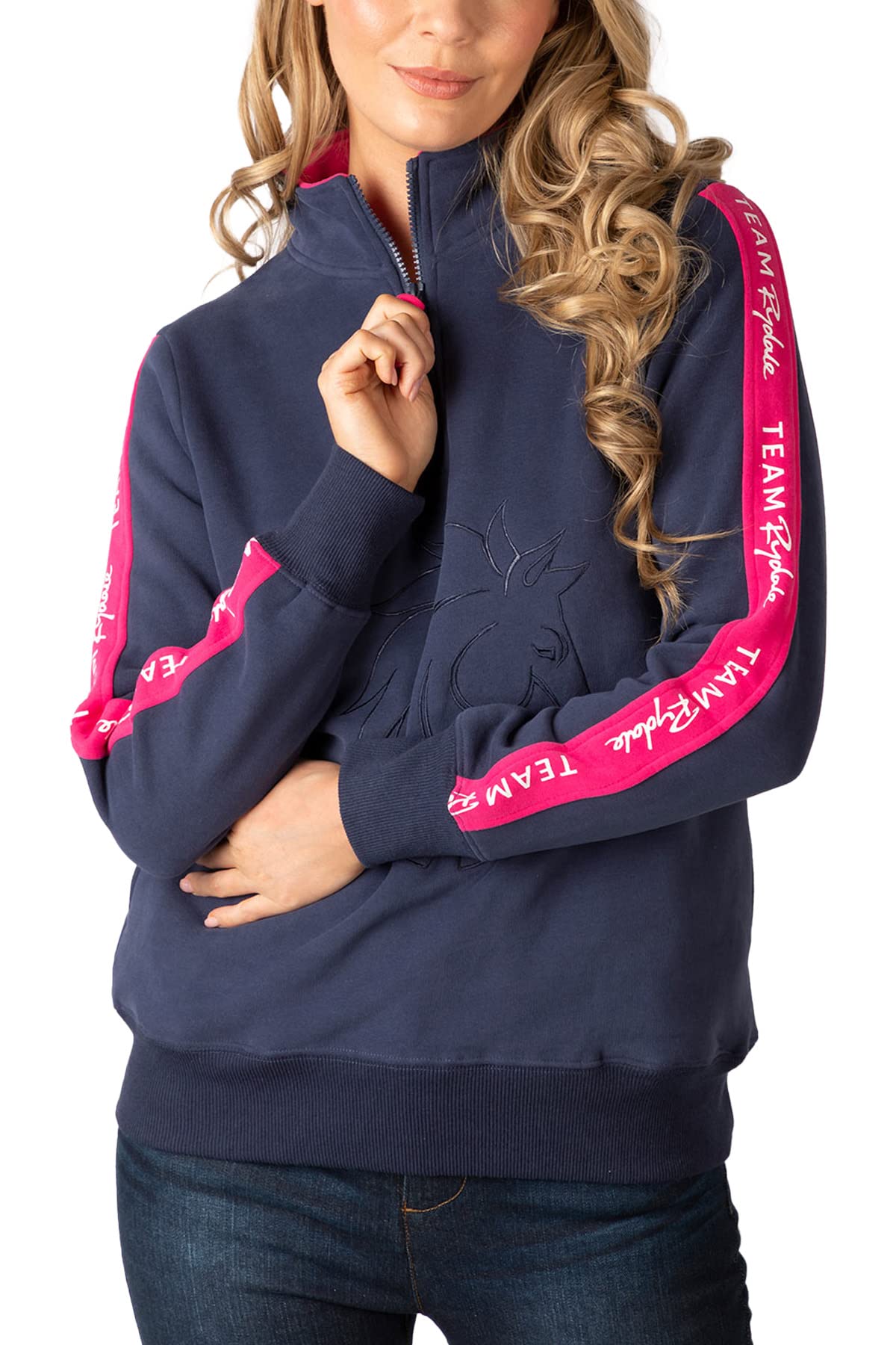 Rydale Women's Horse Head Navy/Bonbon Overhead Sweatshirt Sweatshirts Jumper Pull On Sweater Quarter Zip Top (As8, Numeric, Numeric_18, Regular, Regular, )