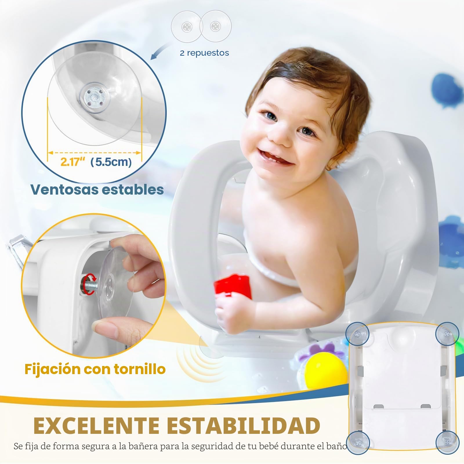 Orzbow Versátil Asiento Bañera Bebe, Estable Silla Bañera Bebe con Respaldo Regulable en Tres Posiciones para 3-24 Meses, Cómodo Asiento Baño con Cojín Antideslizante & Potentes Ventosas, Gris