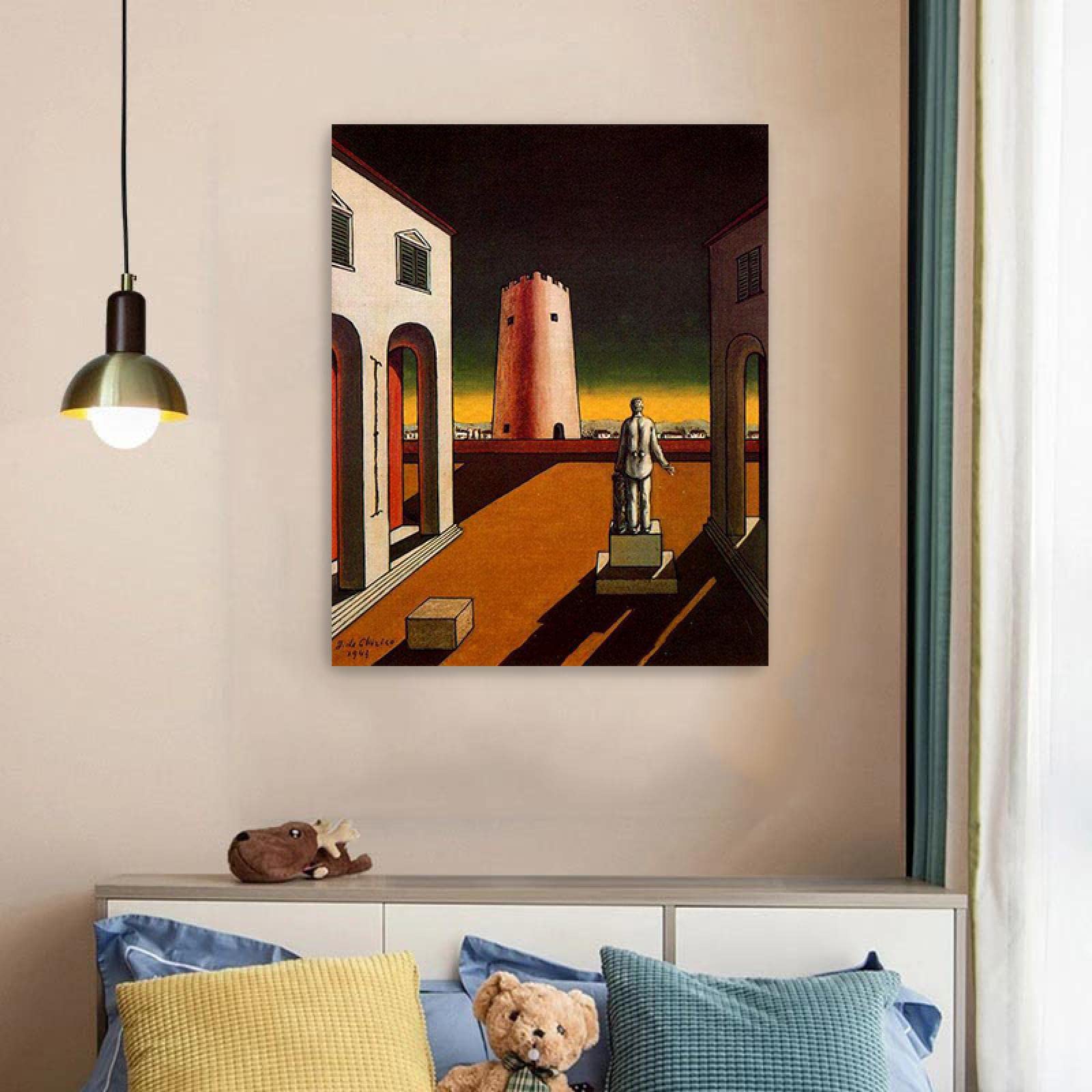 JZSDGB Giorgio de Chirico Słynny artysta na płótnie sztuka ścienna reprodukcje obrazów, plakaty włoski plac z czerwoną wieżą, graficzne obrazy do dekoracji biurowych, 20 x 25 cm, bez ramy