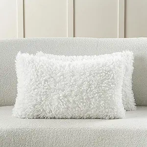 FUTEI Cream White Decorative Throw Pillow Covers 12x20 Inch Set of 2,Soft Fluffy Faux Wool Fur Boucle Textured Lumbar Pillow Case,Modern Home Decor for Couch Bed Living Room Office