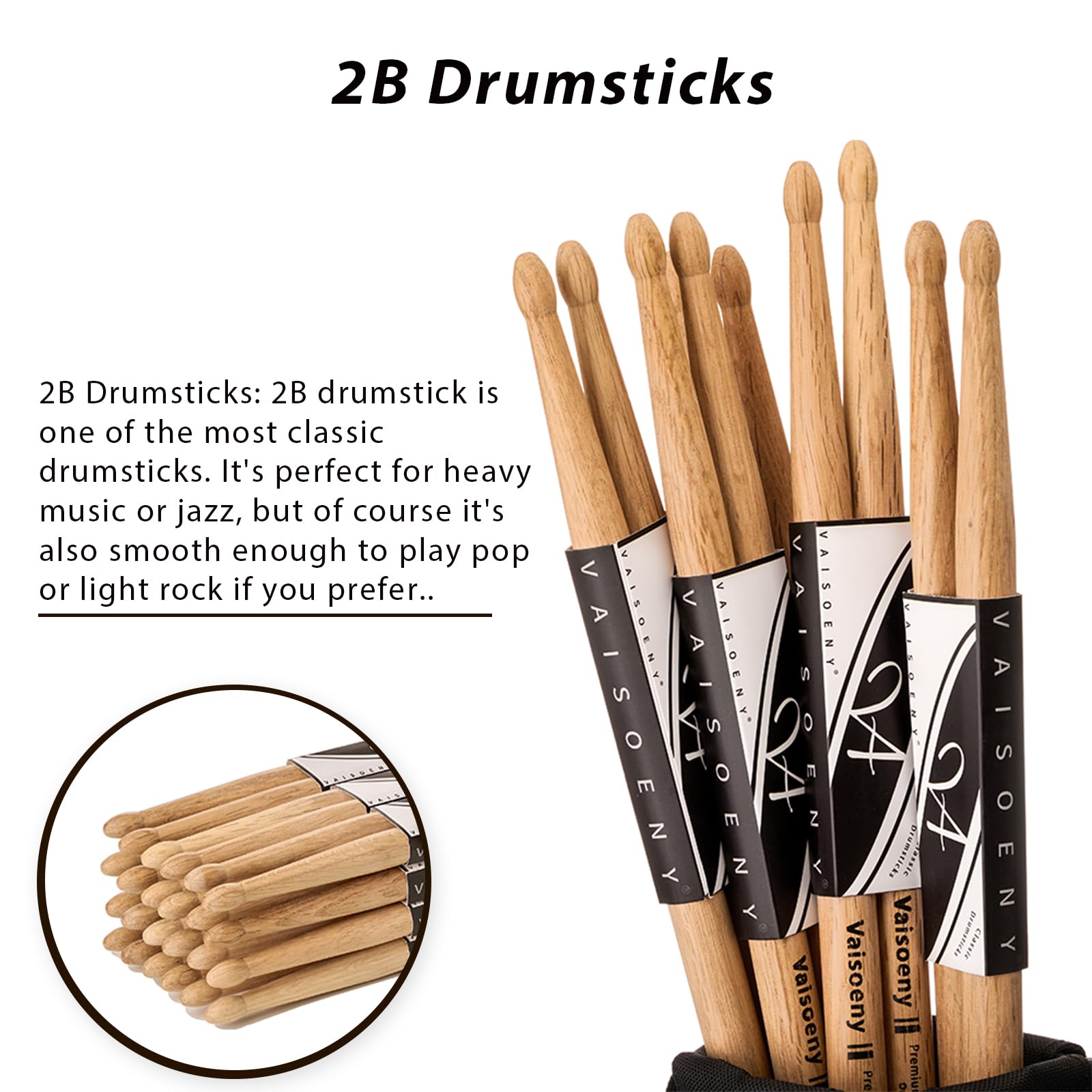 Bacchette per batteria, 2B, per adulti, 12 paia di bacchette classiche in legno di quercia per bambini, accessori professionali per strumenti musicali