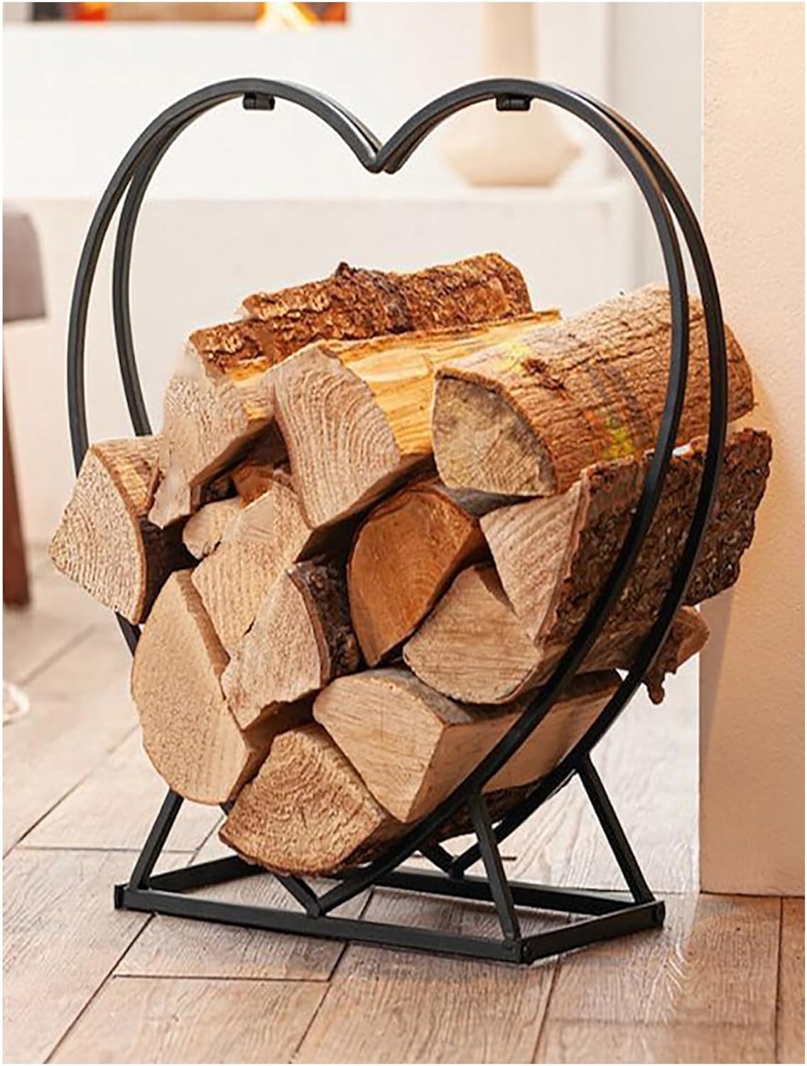 Heart-shaped Log Hoop Storage Holder, Heavy Duty Steel Wood Stacker for Fireplace Pit Indoor Outdoor, Firewood Log Rack