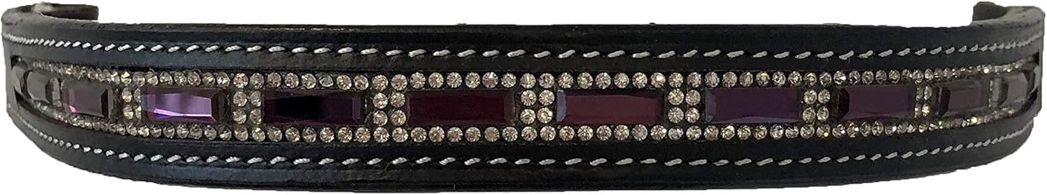 Horse Size Leather English Bridle Browband with Purple and Clear Crystals
