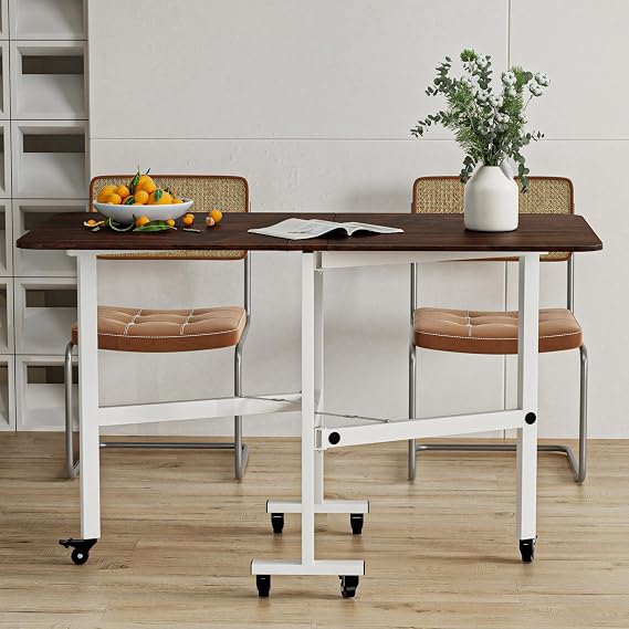 Folding Dining Table, Drop Leaf Dining Table, Foldable Expandable Table, Space Saving Table, Solid Wooden Foldable Kitchen Table with 6 Wheels for Kitchen, Bedroom, Dining Room Brown
