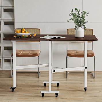 Folding Dining Table, Drop Leaf Dining Table, Foldable Expandable Table, Space Saving Table, Solid Wooden Foldable Kitchen Table with 6 Wheels for Kitchen, Bedroom, Dining Room Brown