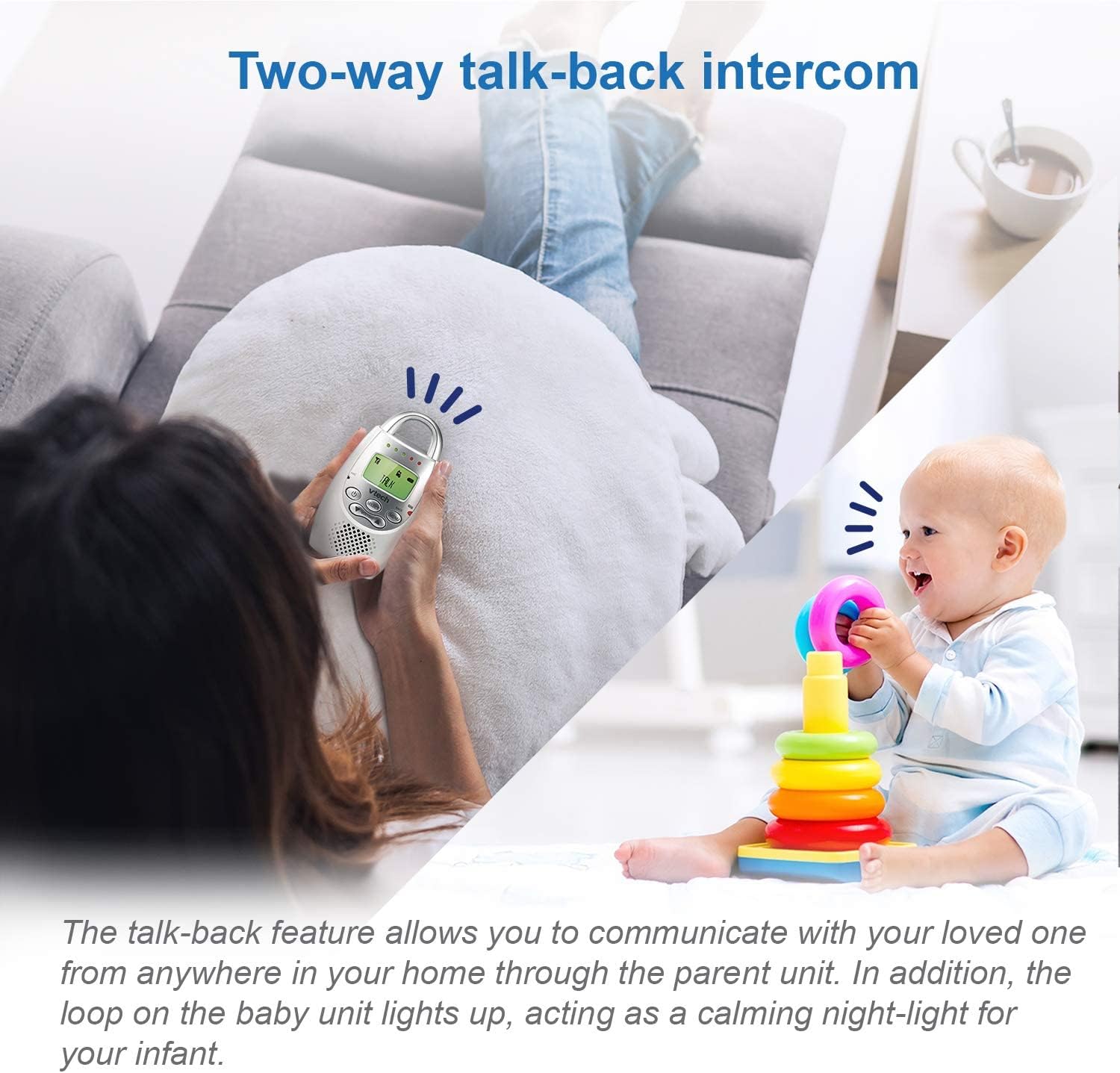 VTech DM221 Audio Baby Monitor with up to 1,000 ft of Range, Vibrating Sound-Alert, Talk Back Intercom & Night Light Loop (Renewed)