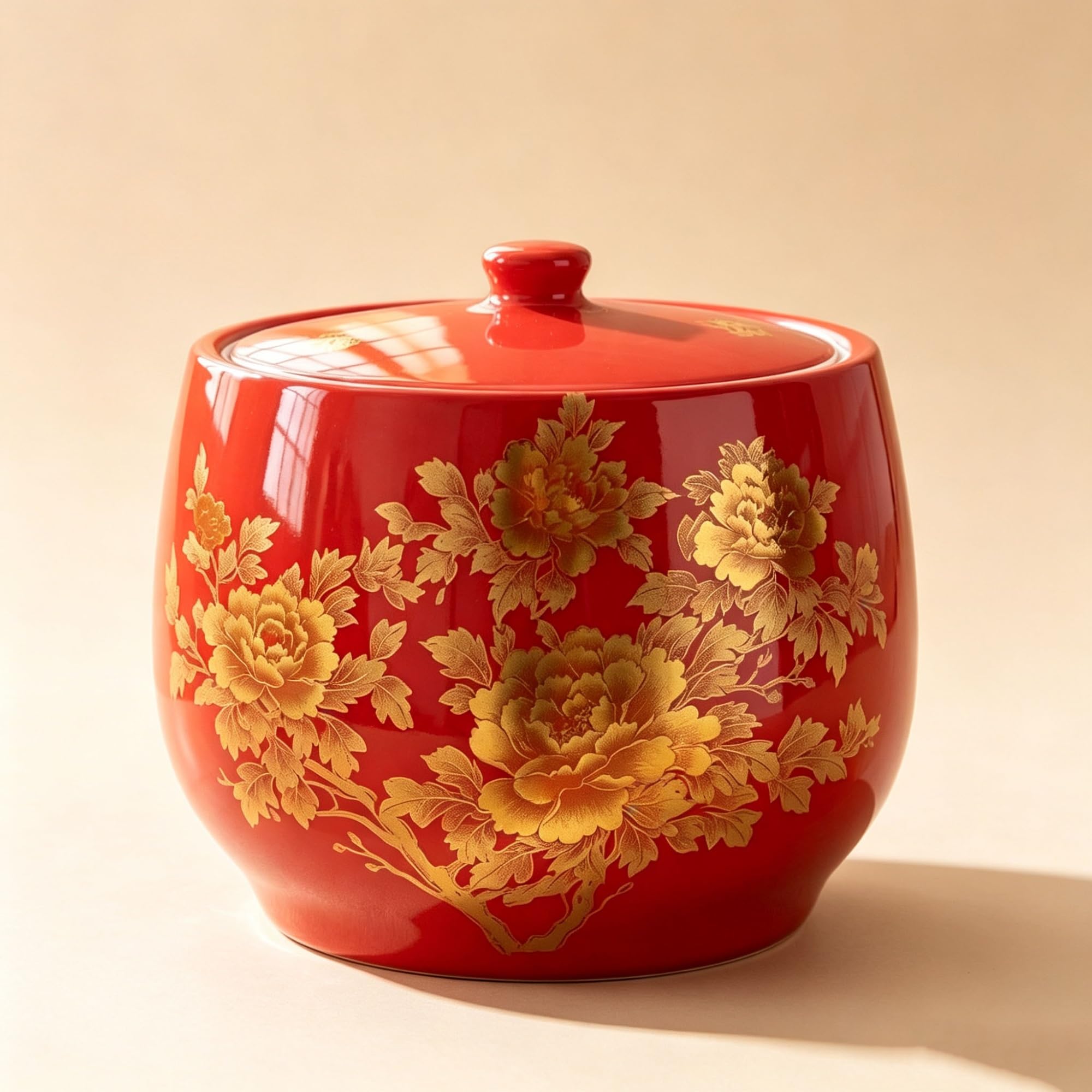 Tinaja cerámica para arroz con peonía dorada vasija de porcelana china ornamental de lujo