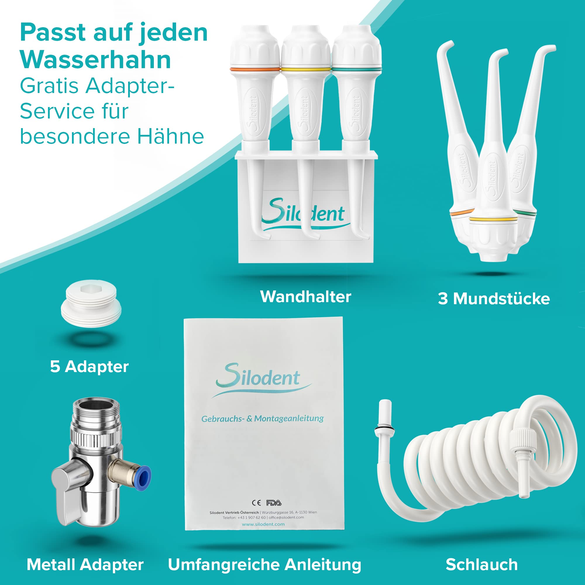 Munddusche für Wasserhahn | ohne Strom, ohne Akku, ohne Aufladen | Direkt am Wasserhahn, immer frisches Wasser. Stärke & Temperatur wählbar. Für Zahnspangen geeignet. Auch als Reisemunddusche