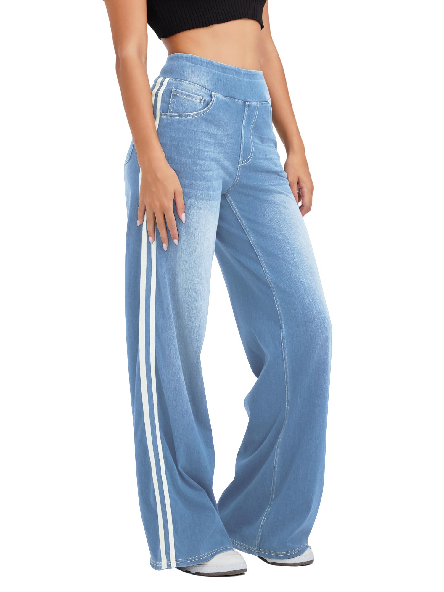 Keolorn Wide Leg Jeans for Women,Unique Color Block Design,High-Waisted Straight Cut,High Elasticity Baggy Denim Pants.