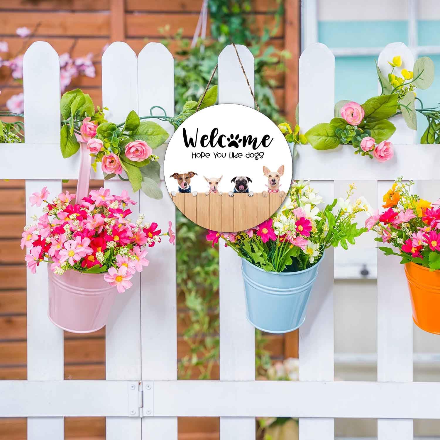 Dog Decor Wreaths For Front Door Welcome Sign, Welcome Hope You Like Dogs Wooden Signs Funny Puppy Dogs Welcome Wreath Hanger Pool Porch Home Kitchen Coffee Wall Decorations - Image 5