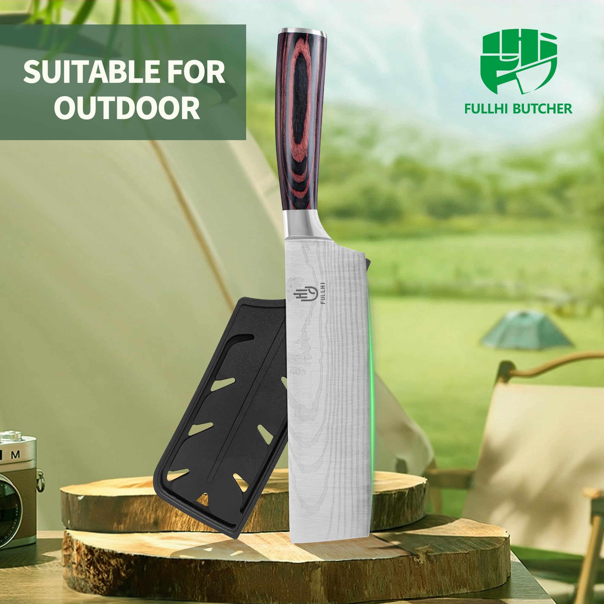 FULLHI Cuchillo Nakiri, Multi Color 7inch Cuchillo Japonés con funda, Acero Inoxidable Cuchillo Cocina Carne Verdura con Guarda (Madera Café)