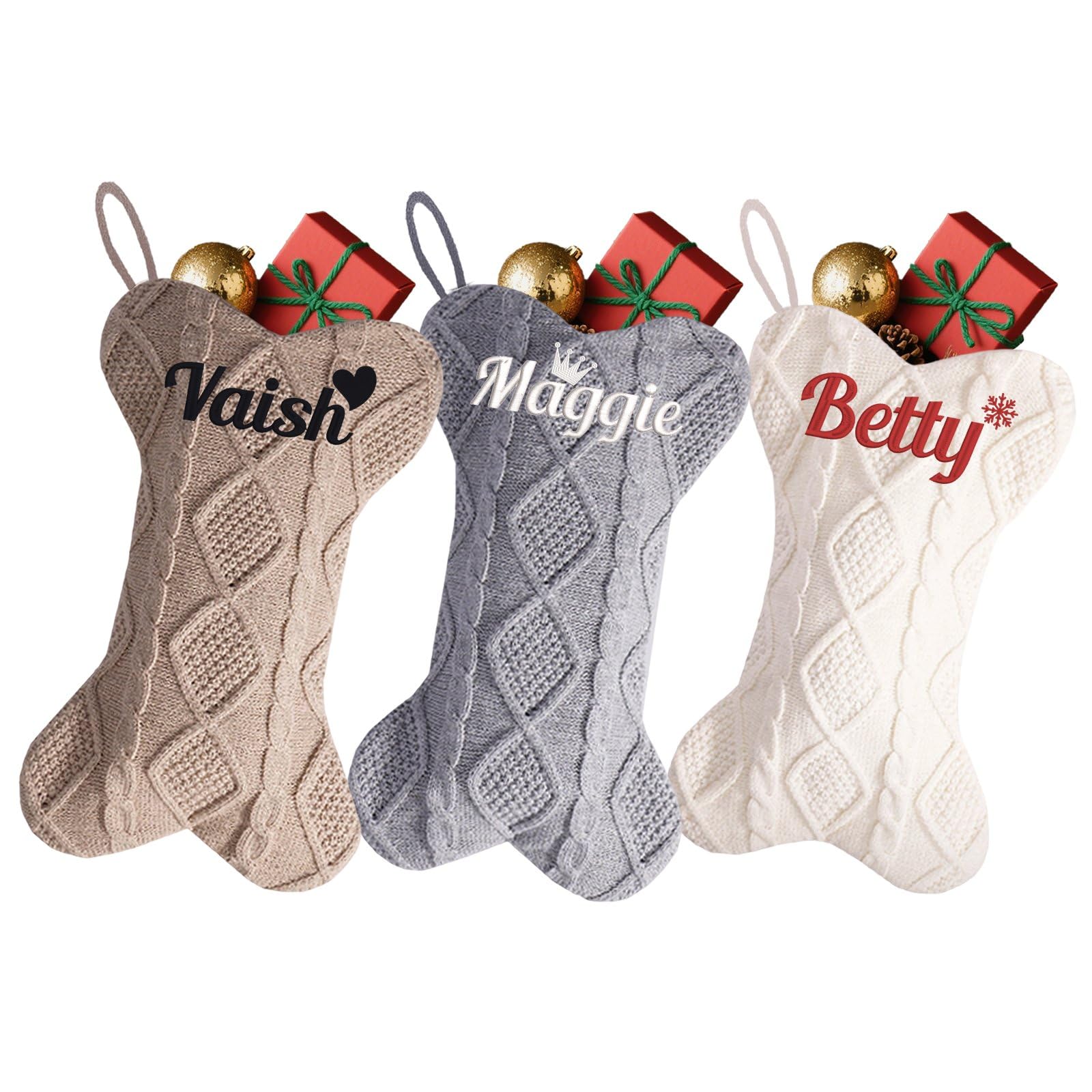 Lustige Weihnachtsstrümpfe, Knochenstrick, groß, 41,9 cm, mit gesticktem Namen, bestickt, für Familie, Urlaub, Kamin, hängende Strümpfe für Weihnachten, hängende Dekoration, 7 Stück