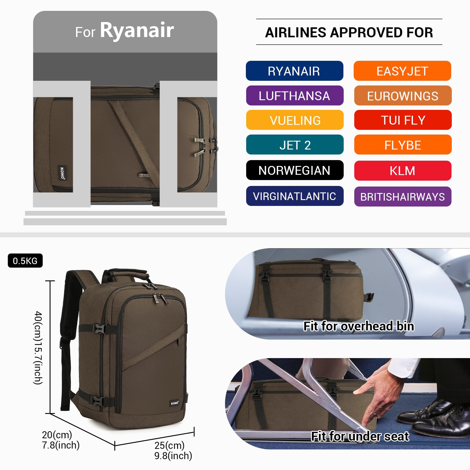 KONO Zaino Ryanair 40x20x25 Zaino da Viaggio per Aereo Bagaglio a Mano per Sotto il Sedile Borsa per Ryanair, Marrone