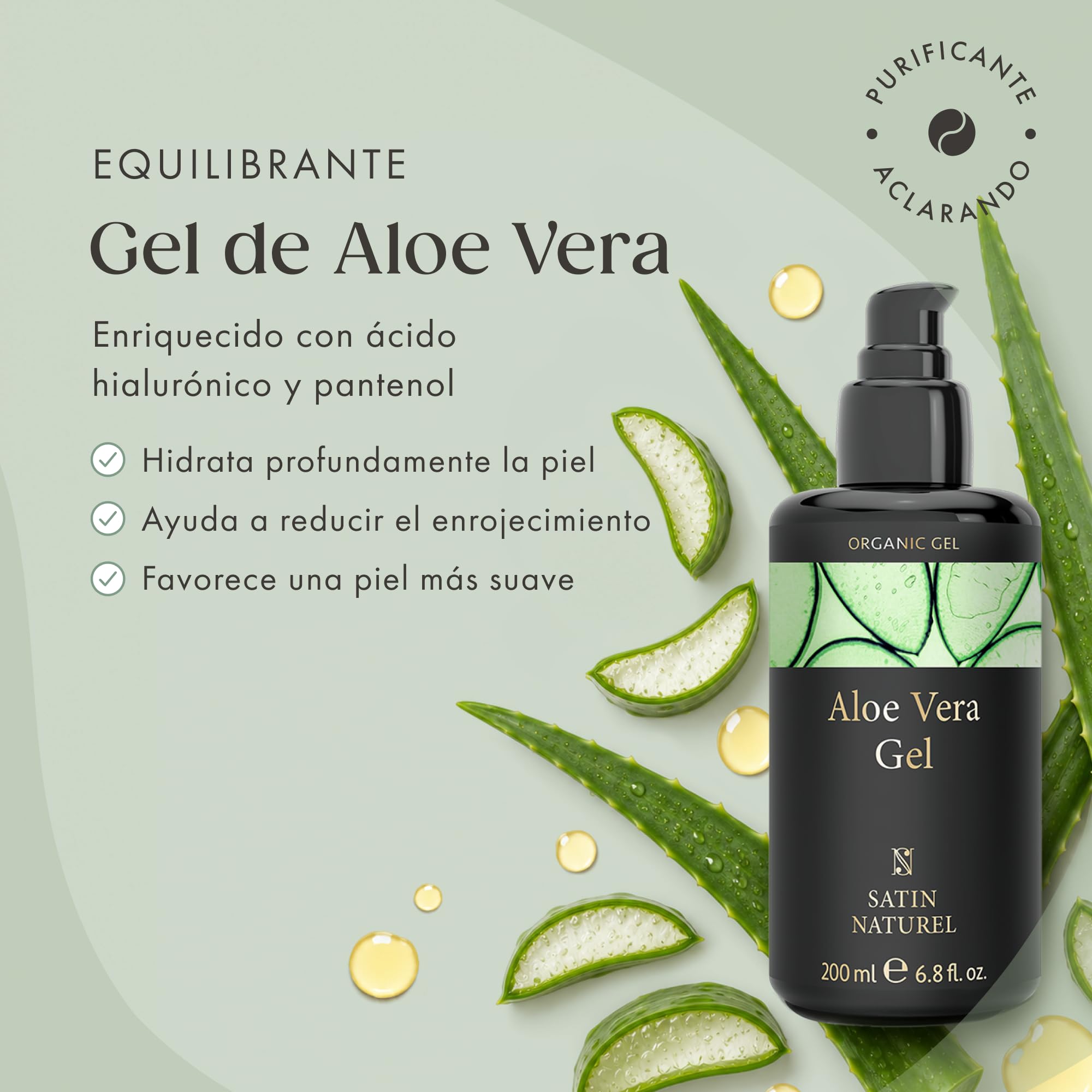 Satin Naturel Gel de Aloe Vera Bio 200 ml – 100% Vegano & Cosmética Natural - Gel de Aloe Vera Concentrado - Con Ácido Hialurónico & Pantenol - After Sun & Cuidado Hidratante Rostro, Cuerpo y Cabello