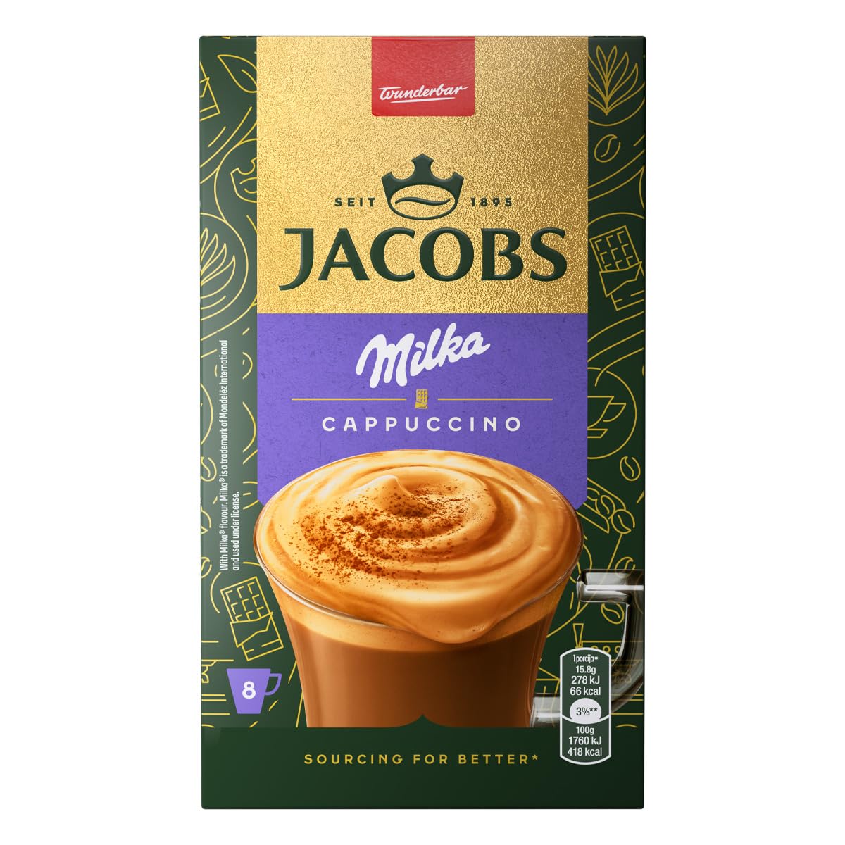 Jacobs 3 en 1 Café Instantáneo Milka avellana, capuchino, 10 x 8 sobres, 132g, porciones individuales, stock fresco de mayorista, café fuerte y rico