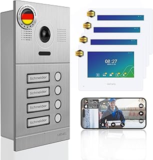 Mathfel 2-Draht IP Video-Türsprechanlage mit Türöffner – Full-HD Kamera, 7" Monitor & App-Steuerung – Smarte Video-Türklingel mit Gegensprechanlage (Silber, 4 Klingeltaster)