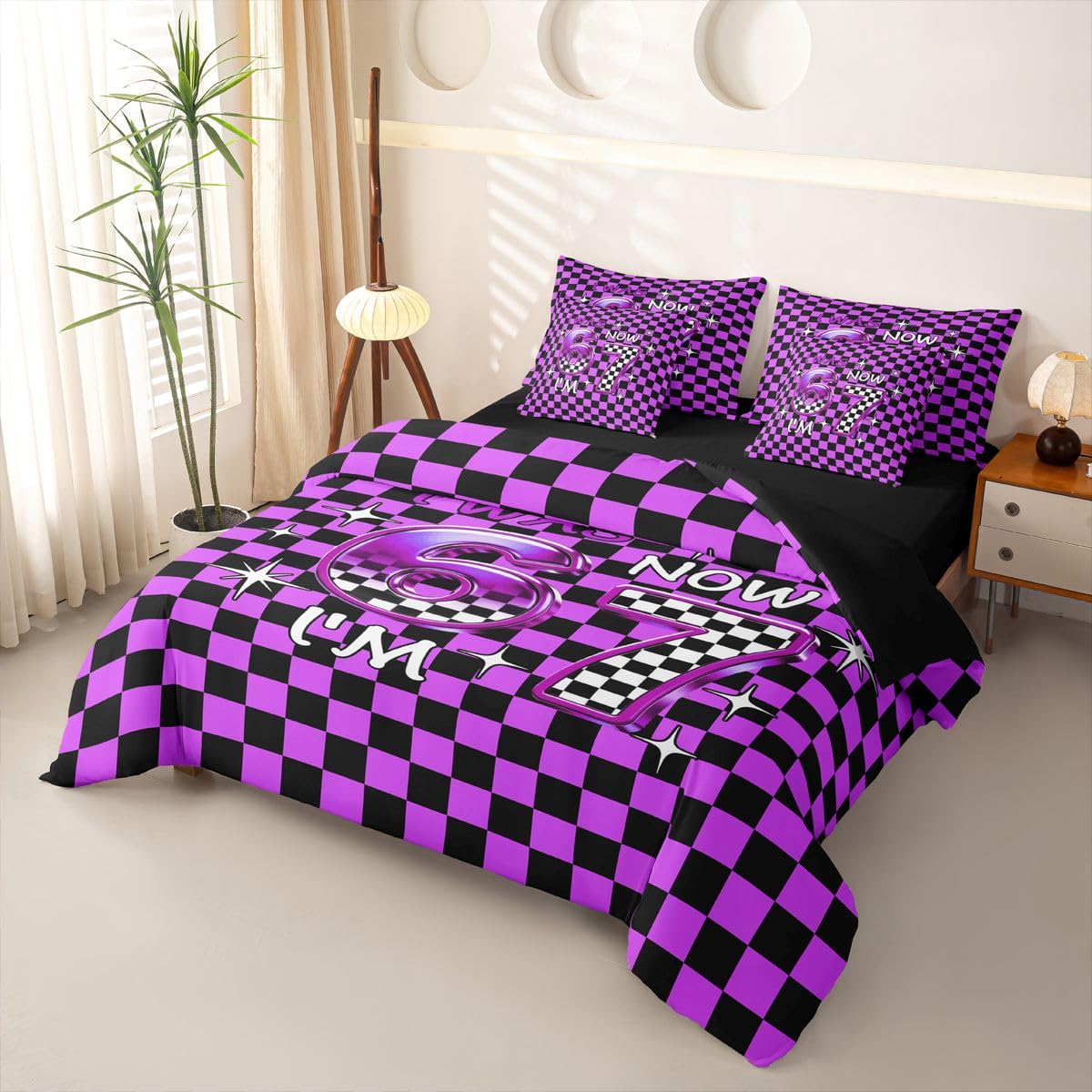 Loussiesd Sześć siedem 6/7 poszewka na kołdrę z prześcieradłami 7 sztuk super king size 6 7 czarna fioletowa kratka łóżko w torbie dzieci chłopcy dziewczęta 6 7 urodziny dekoracje zestaw pościeli