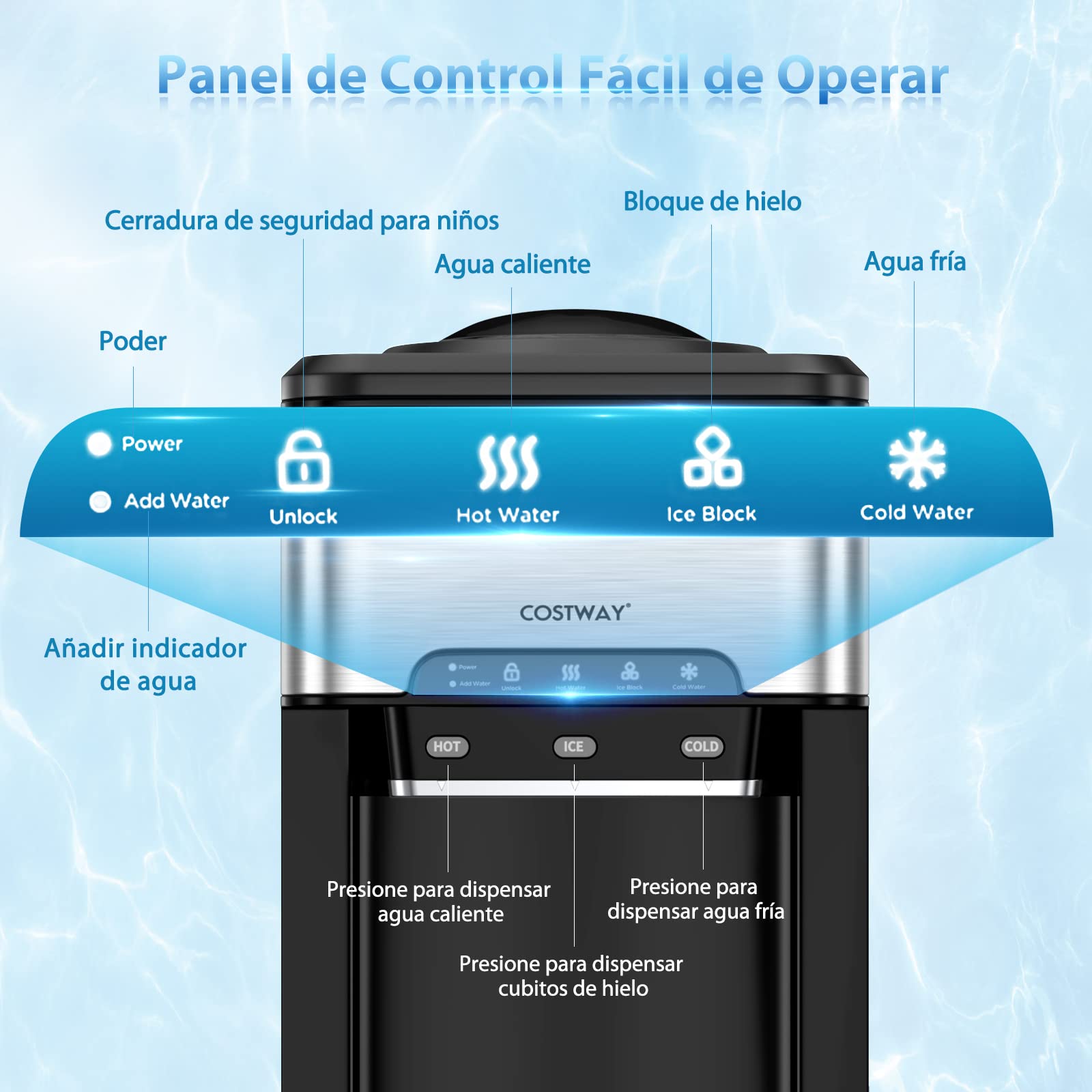 COSTWAY Dispensador de Agua 3-en-1 Con Máquina de Hielo, 3 Ajustes de Temperatura, Para Botellas de 3-5 Galones, Para Hogar y Oficina