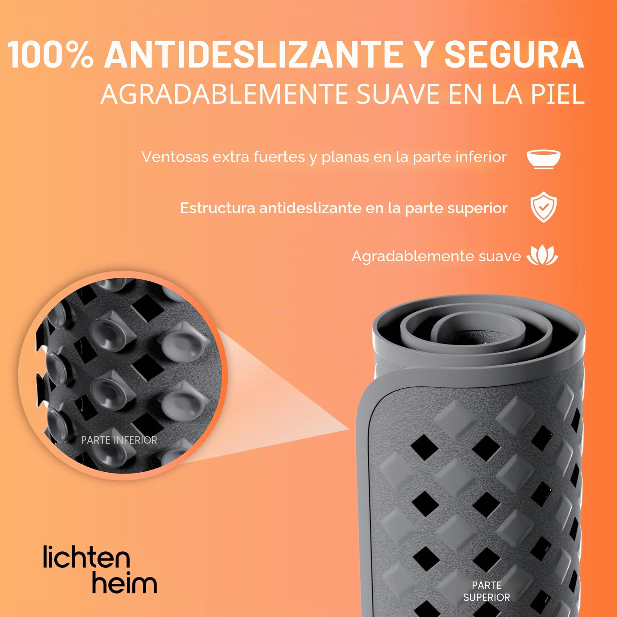 Alfombrilla antideslizante para bañera, 88 x 40 cm, sin BPA, alfombrilla antideslizante para bebés, niños y personas mayores, alfombrilla antideslizante para bañera, color antracita