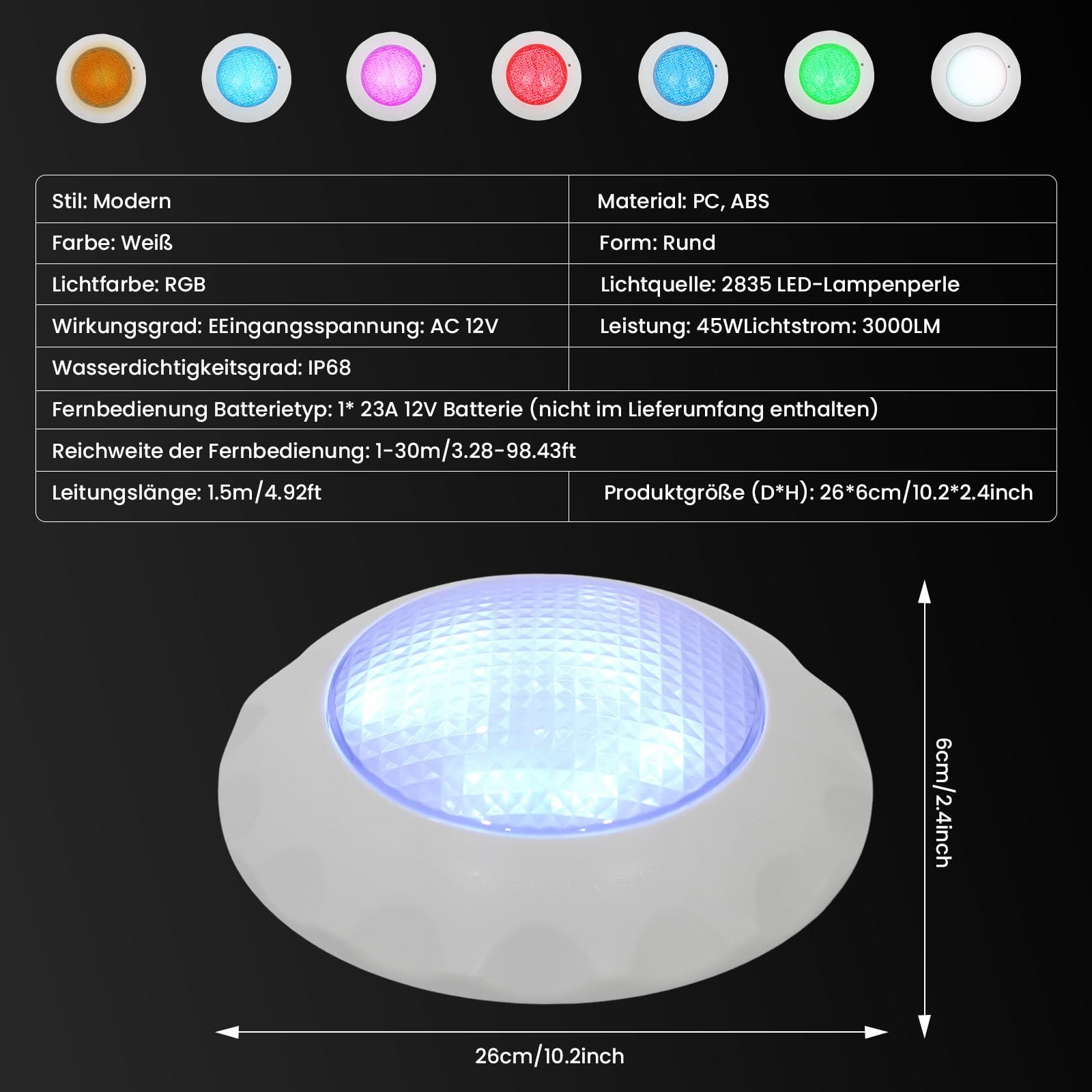 45W AC12V RGB LED Poolbeleuchtung Unterwasser,Unterwasser Led Pool mit Fernbedienung,Poolbeleuchtung Schwimmbad Licht Wasserdicht wasserdichte Light Poolleuchte Swimmende Beleuchtung Lampe (12V 45W)