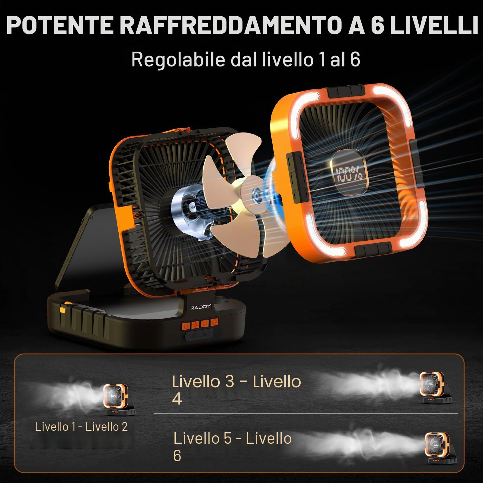 Raddy CF3 Ventilatore da campeggio ricaricabile 20.000 mAh, portatile, batteria integrata, pannello solare 3 W, USB, luce LED, 6 velocità, oscillazione 90°, tenda, BBQ, outdoor & emergenze, arancione
