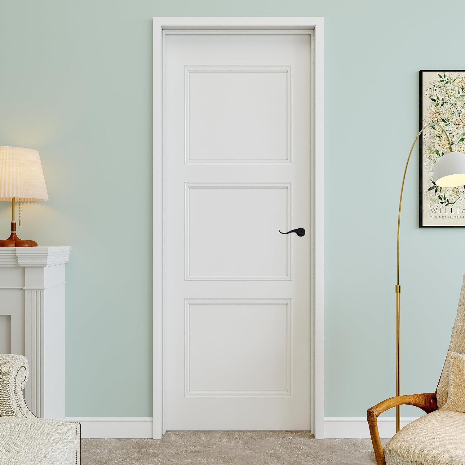 28" x 80" 3-Panel Solid Core Interior Prehung Door with Curve Lever and Black Hinges and Left Frame, Paintable & Waterproof, Laundry, Closet Doors, Room Doors