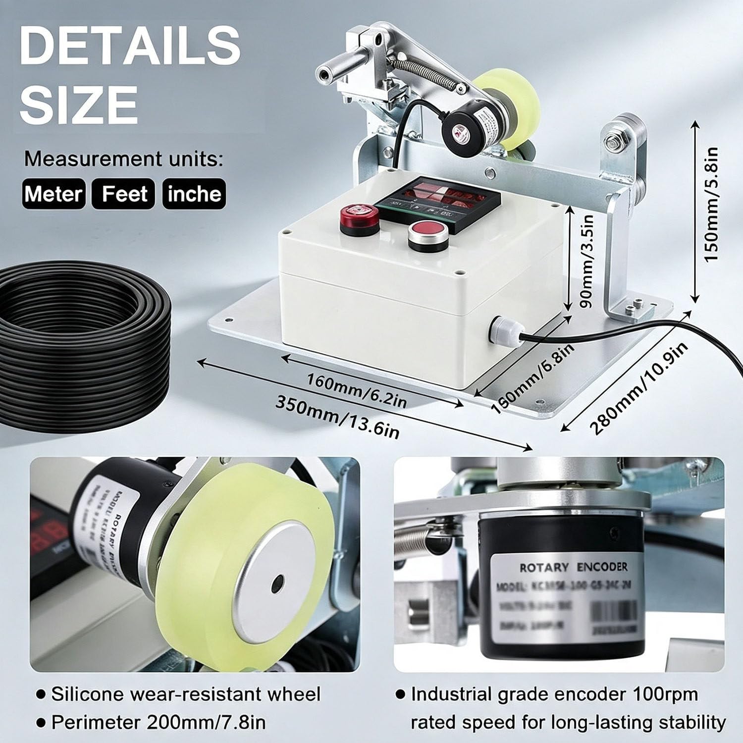 Contador Digital Rodante 110-240v Para Cables Y Cuerdas Metálicas | Cuenta Con Aviso Sonoro De Límite Ajustable,Tres Modos De Recuento,Valor Inicial Configurable,Para Hilos Y Varillas Metálicas