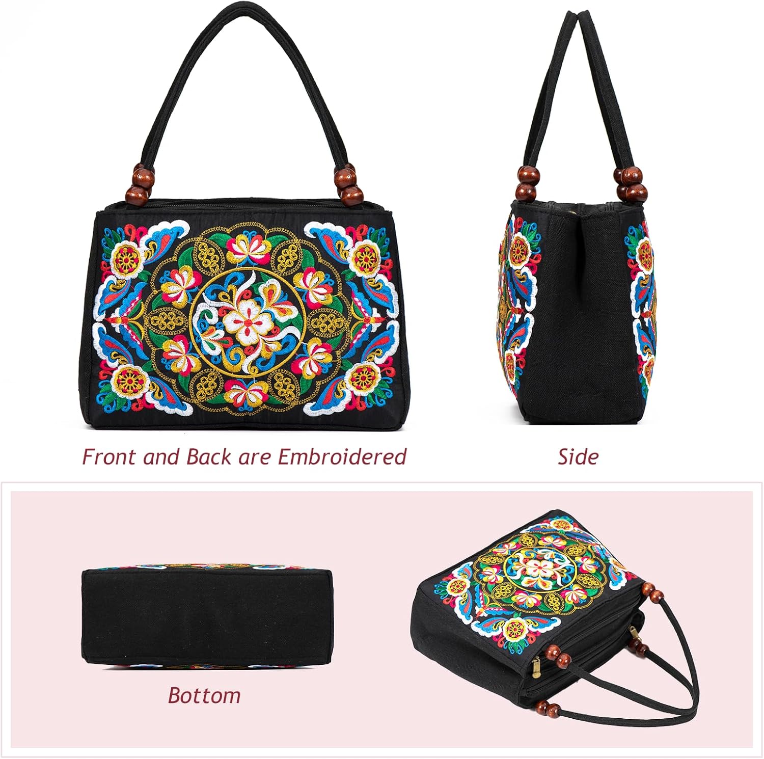 Double-Sided Embroidery Totes Bag Travel Beach Bag Vintage Embroidery Ethnic Shoulder Bags - Image 6