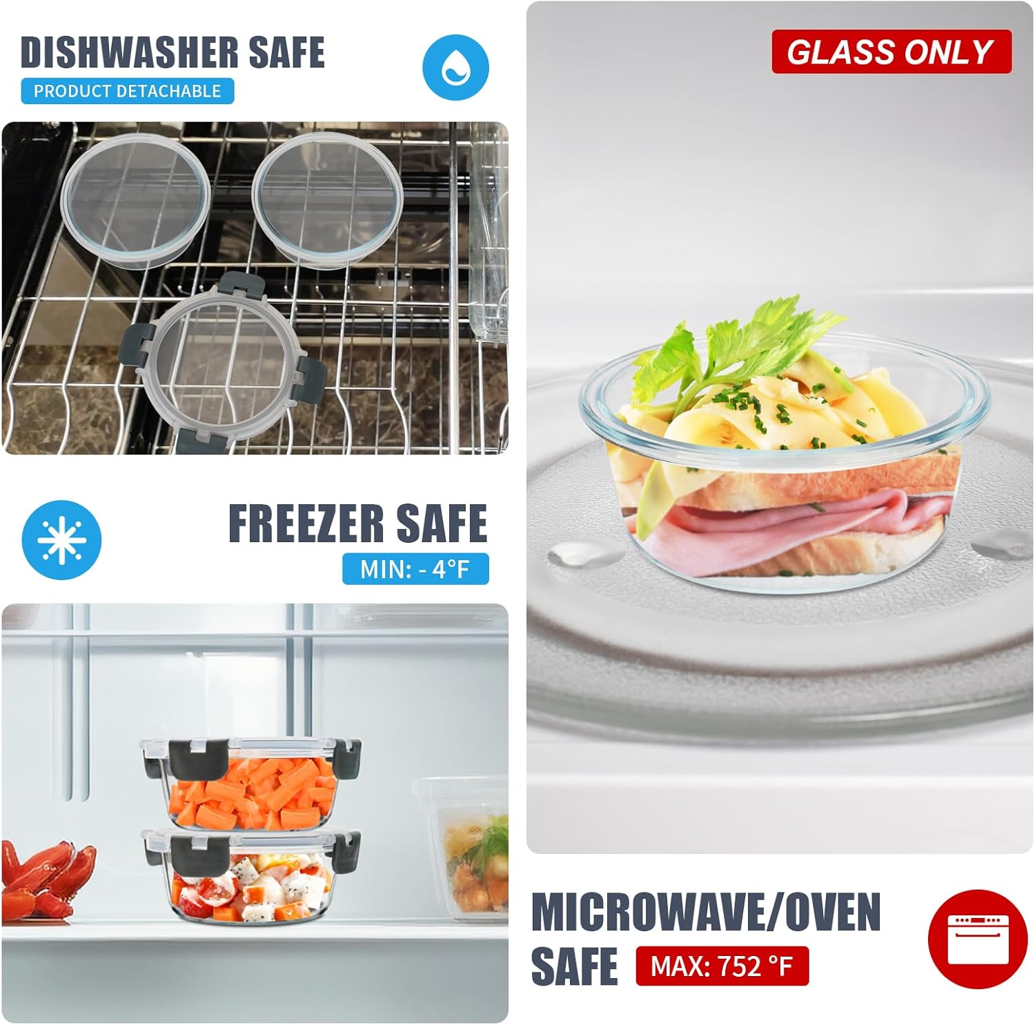 6Pack 13oz Glass Meal Prep Containers, Small Round Glass Food Storage Containers Sets with Snap Leak Proof Lids for Microwave, Freezer and Dishwasher Safe (Grey, 13oz) - Image 5