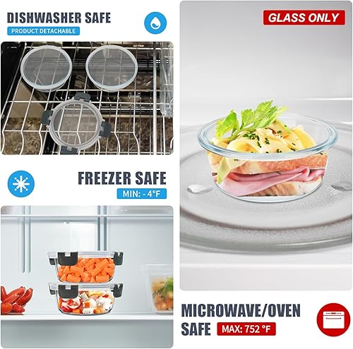 Miniatura 5 de Paquete de 6 recipientes de vidrio de 13 onzas, pequeños recipientes redondos de almacenamiento de alimentos de vidrio con tapas a prueba de fugas