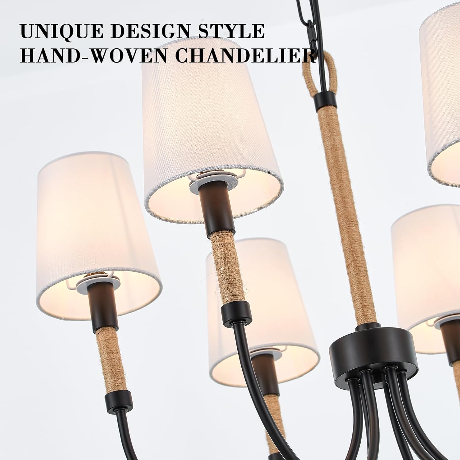 6-Light Black Chandelier with White Fabric Shades Modern Chandeliers for Dining Room Light Fixture Farmhosue Pendant Hanging Light for Kitchen Island Over Table Living Room