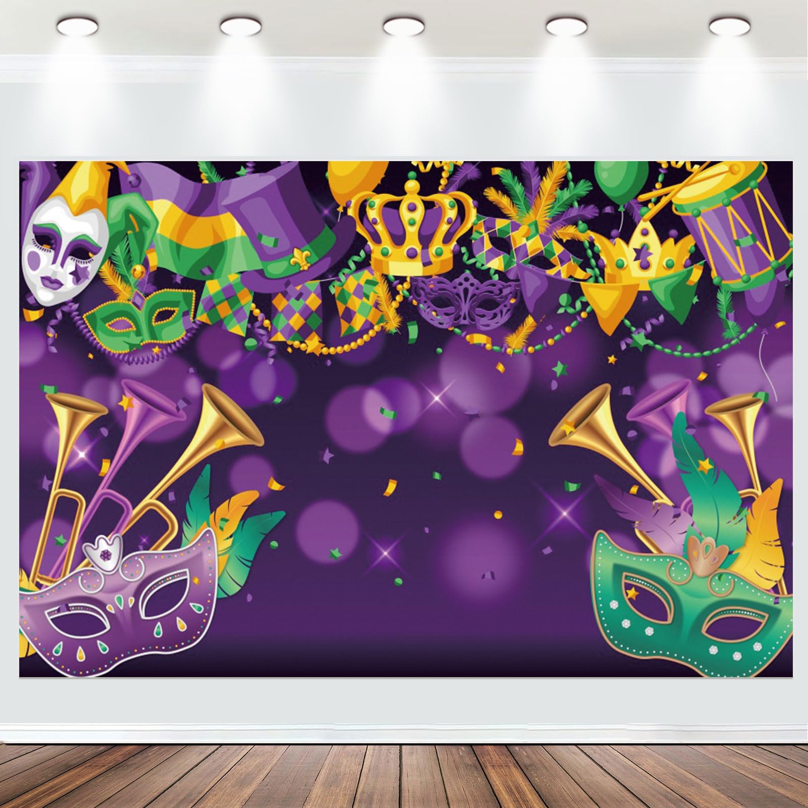 Fabric 10x8ft Venetian Fiesta Backdrops Green Purple Mask Carnival Prom Masquerade Party Background Carnival Night Mardi Gras Ball Birthday Wedding