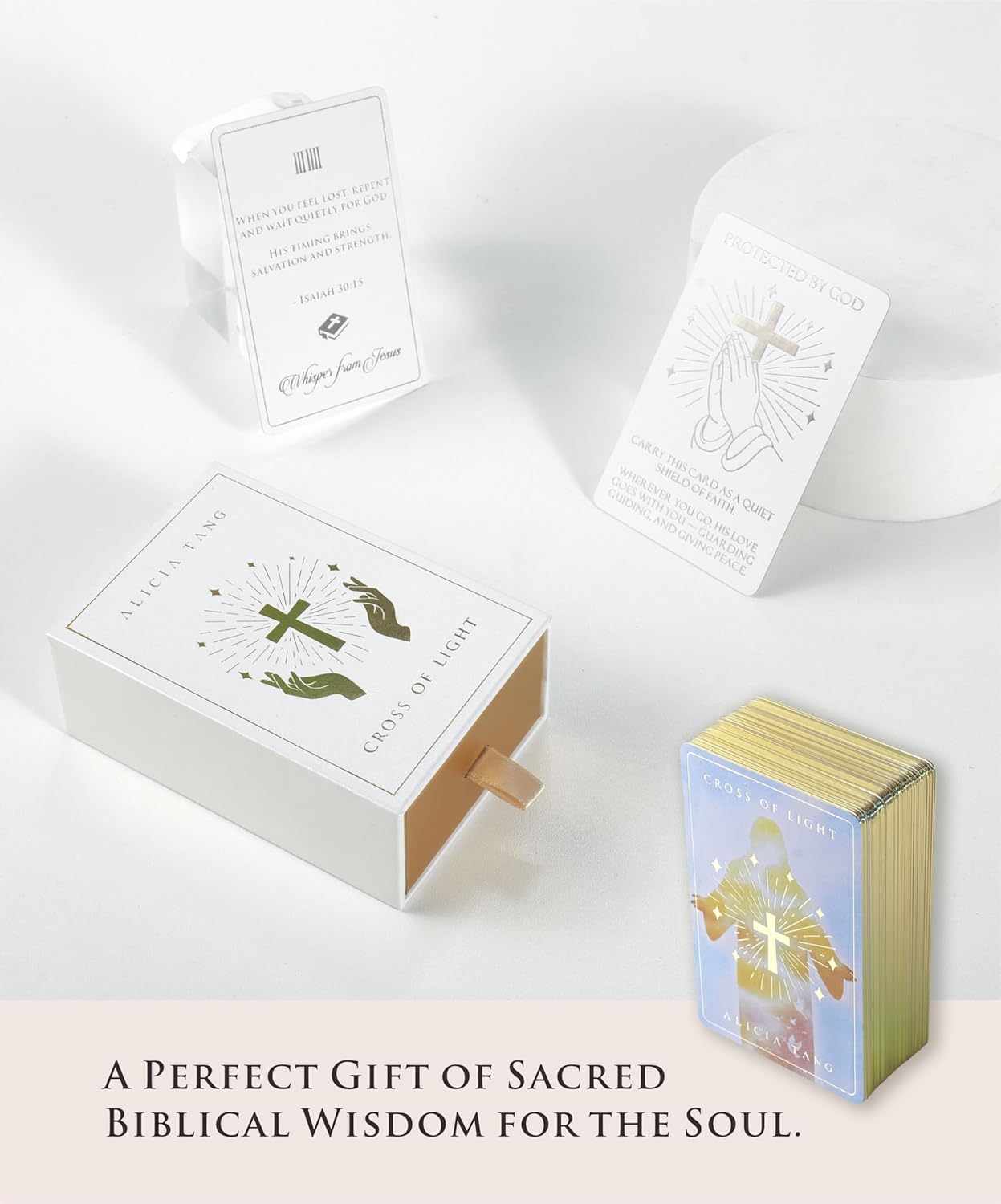 Cross of Light Bible Verse Cards by Alicia Tang - 55 Unique Scripture Quotes with Single Hand-Drawn Art Design, Pocket-Sized Christian Affirmation Cards for Daily Devotional Guidance, Reflection, and Spiritual Growth