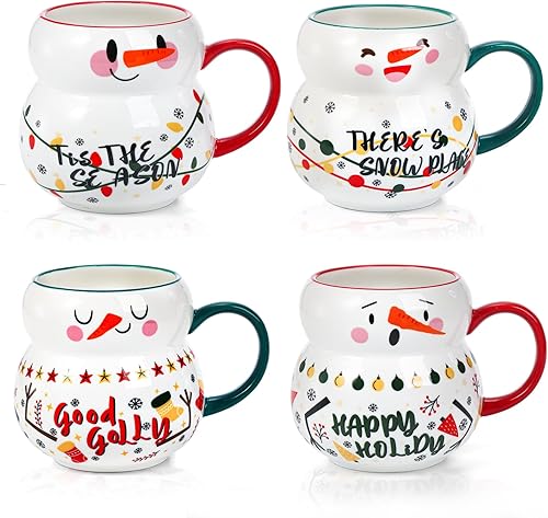 Miniatura 3 de Juego de 4 tazas de café navideñas, tazas de cerámica de 15 onzas con personajes navideños de muñeco de nieve, pintadas a mano con asas para